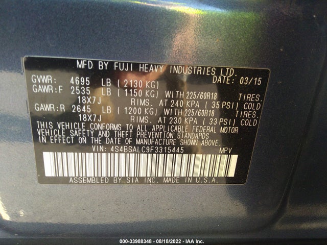 2015 Subaru Outback, VIN: 4S4BSALC9F3315445