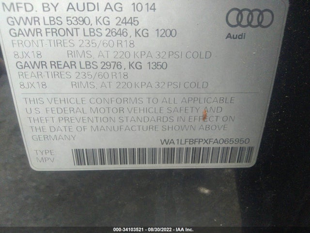 2015 AUDI Q5 PREMIUM PLUS VIN: WA1LFBFPXFA065950