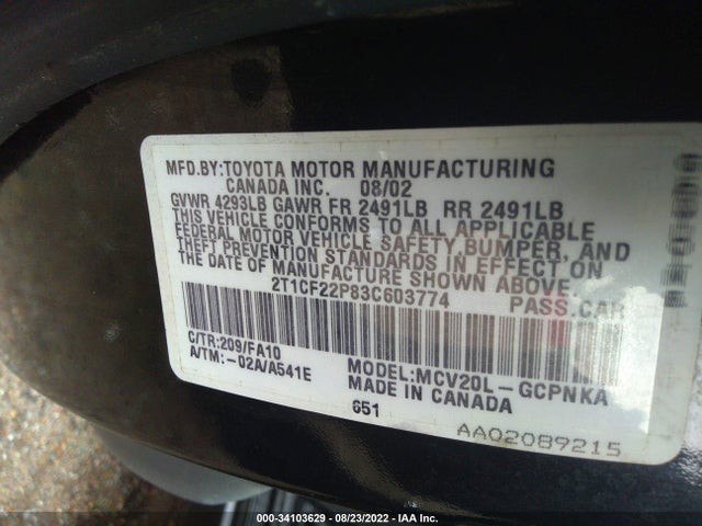 2003 TOYOTA CAMRY SOLARA SE/SLE VIN: 2T1CF22P83C603774