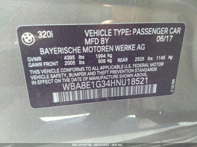 2017 BMW 3 Series, VIN: WBA8E1G34HNU18521