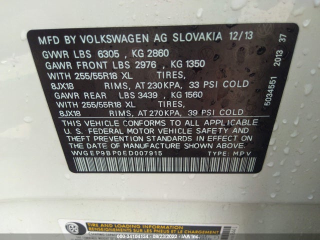 2014 Volkswagen Touareg, VIN: WVGEP9BP0ED007915