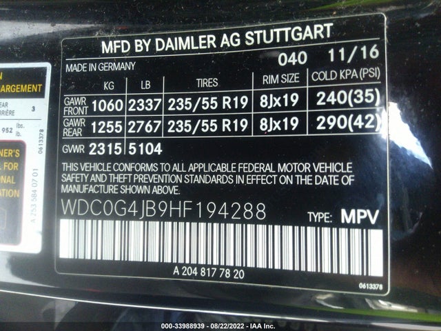2017 Mercedes-Benz GLC-Class, VIN: WDC0G4JB9HF194288