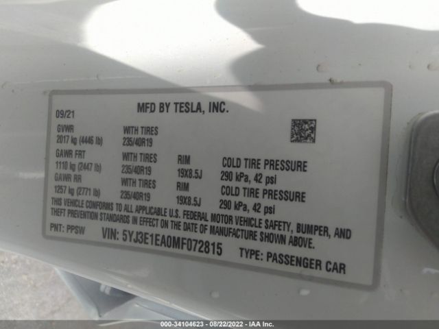 5YJ3E1EA0MF072815 Tesla Model 3 Standard Range Plus