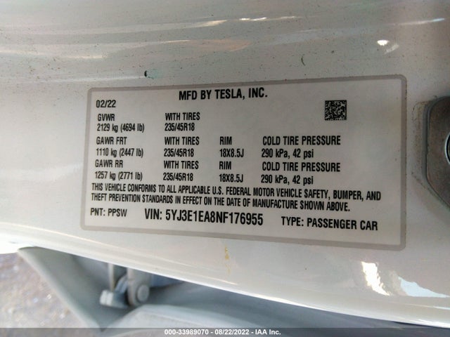 Tesla MODEL 3 2022 5YJ3E1EA8NF176955 Image 10