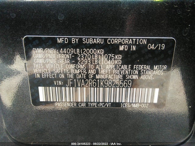 2019 Subaru WRX, VIN: JF1VA2R61K9825569