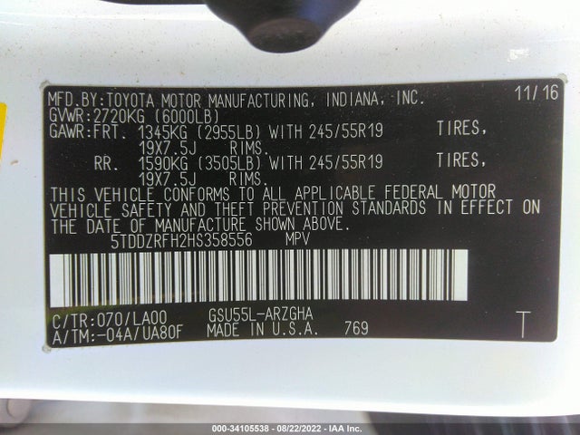 Toyota Highlander Limited Platinum 2017 5TDDZRFH2HS358556 Image 9