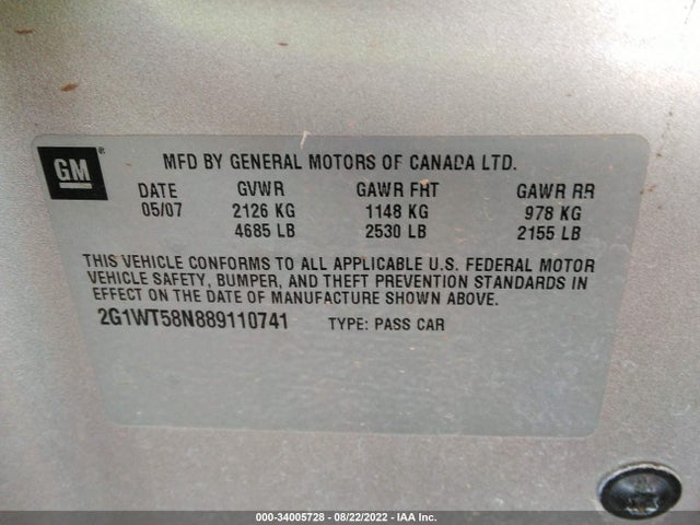 2008 CHEVROLET IMPALA LT VIN: 2G1WT58N889110741