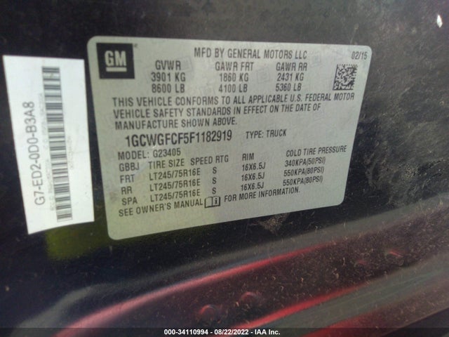 2015 Chevrolet Express, VIN: 1GCWGFCF5F1182919