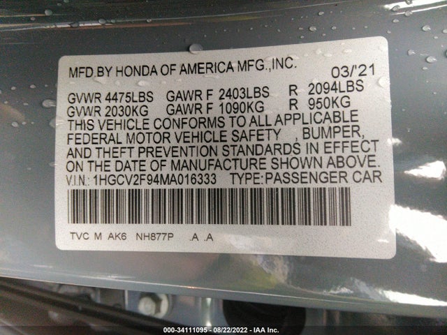 34111095 :رقم المزاد ، 1HGCV2F94MA016333 vin ، 2021 Honda Accord Sedan Touring مزاد بيع