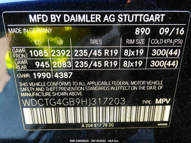 2017 Mercedes-Benz GLA-Class, VIN: WDCTG4GB9HJ317203