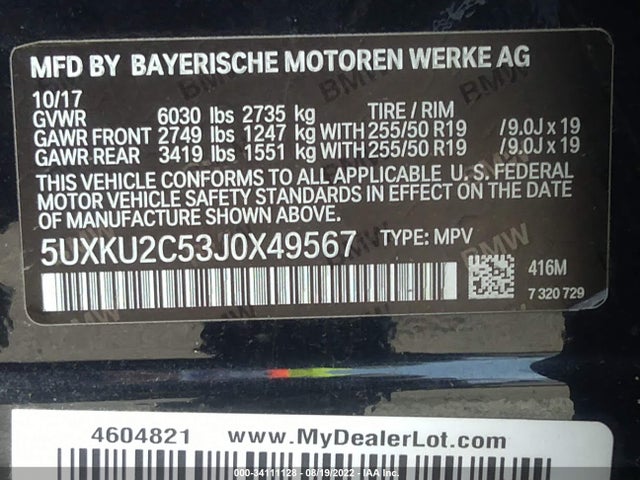 2018 BMW X6, VIN: 5UXKU2C53J0X49567