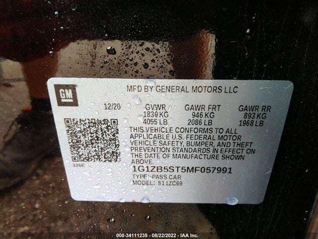 2021 CHEVROLET MALIBU FWD LS VIN: 1G1ZB5ST5MF057991