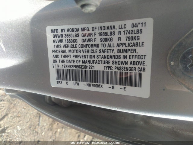 2012 HONDA CIVIC SDN LX VIN: 19XFB2F59CE301221