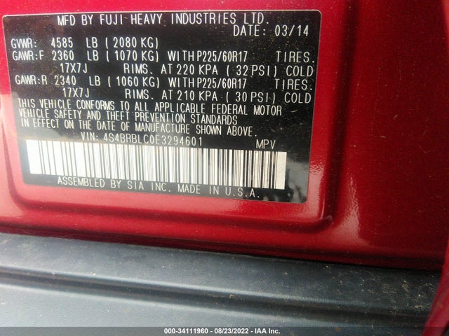 Subaru Outback 2014 4S4BRBLC0E3294601 Image 10