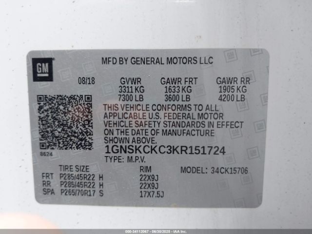 1GNSKCKC3KR151724 Chevrolet l83 - spark ignited direct injection, variable valve timing, afm, e85 max, alum