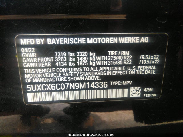 2022 BMW X7, VIN: 5UXCX6C07N9M14336