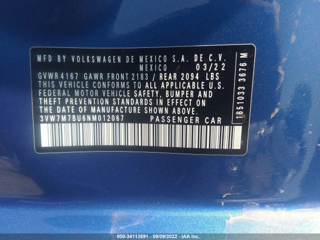2022 Volkswagen Jetta, VIN: 3VW7M7BU6NM012067