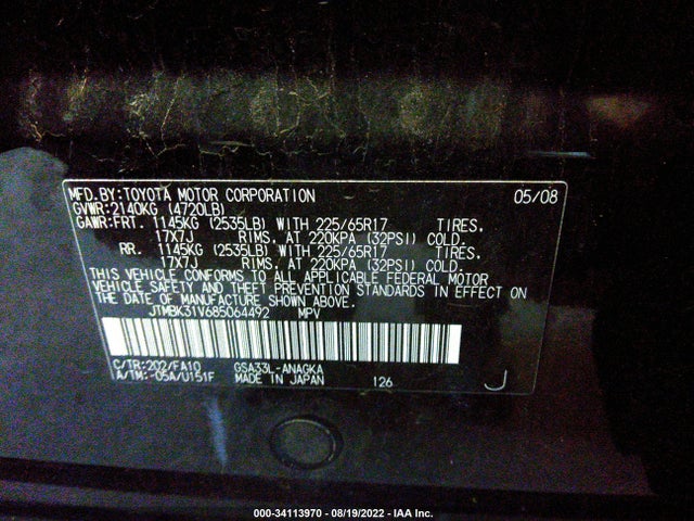 2008 TOYOTA RAV4 LTD VIN: JTMBK31V685064492