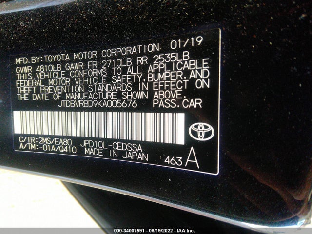 2019 Toyota Mirai, VIN: JTDBVRBD9KA005676