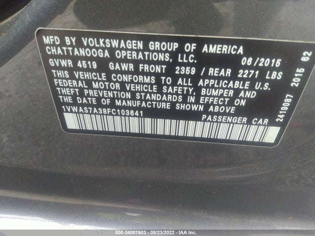 Volkswagen Passat 2015 1VWAS7A38FC103641 Image 9
