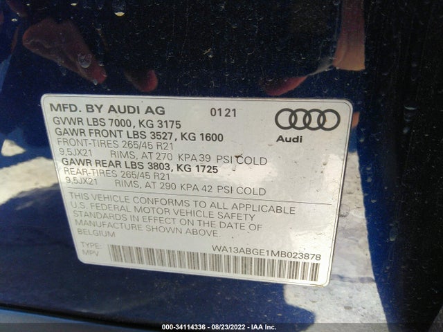 2021 Audi e-tron, VIN: WA13ABGE1MB023878