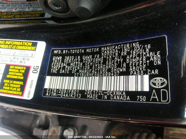 2016 TOYOTA COROLLA L/LE/S/S PLUS/LE PLUS VIN: 2T1BURHE5GC689437