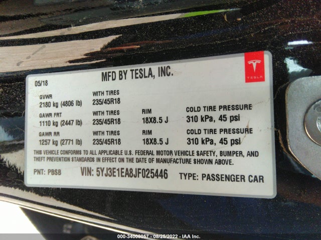 Tesla Model 3 Range Battery 2018 5YJ3E1EA8JF025446 Image 9