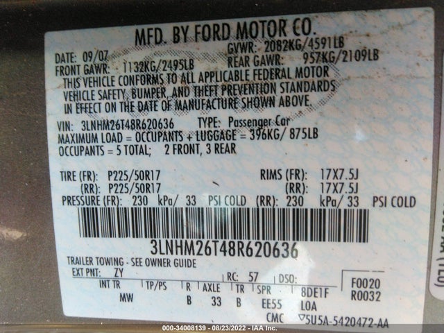 Lincoln MKZ 2008 3LNHM26T48R620636 Image 10