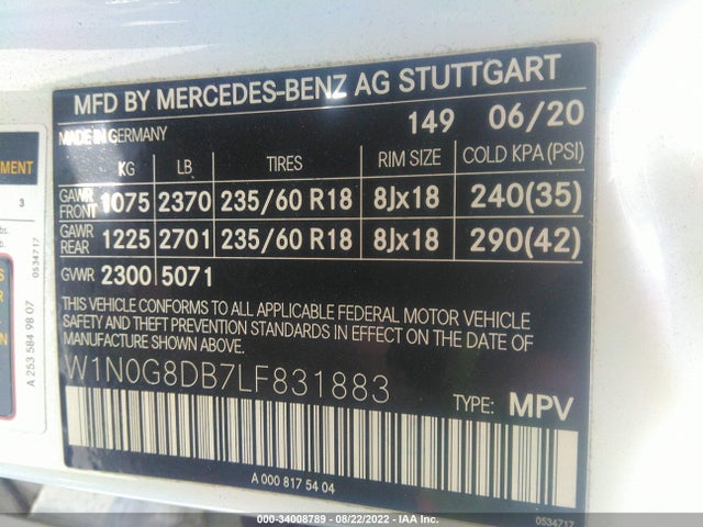 2020 Mercedes-Benz GLC-Class, VIN: W1N0G8DB7LF831883