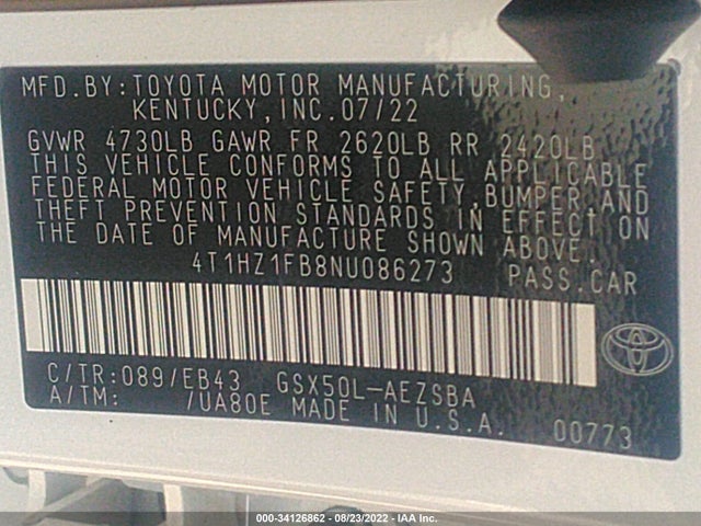 2022 Toyota Avalon, VIN: 4T1HZ1FB8NU086273