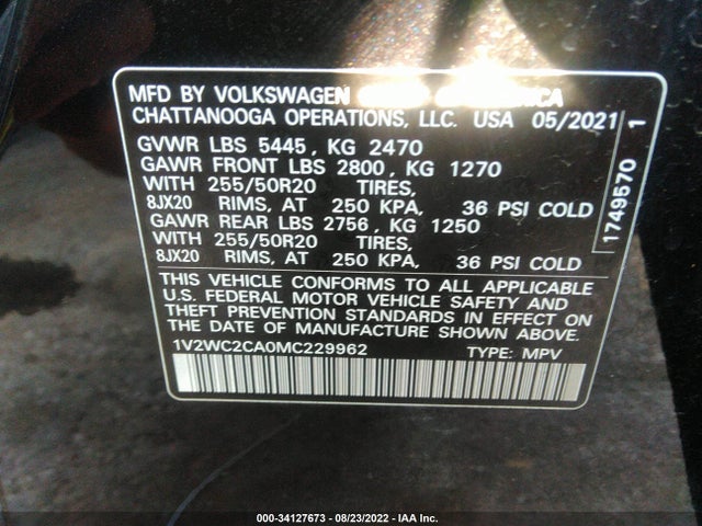 2021 VOLKSWAGEN ATLAS CROSS SPORT 2.0T SE W/TECHNOLOGY VIN: 1V2WC2CA0MC229962