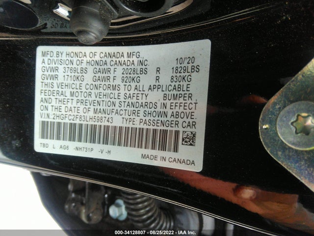 2020 HONDA CIVIC SEDAN SPORT VIN: 2HGFC2F83LH598743