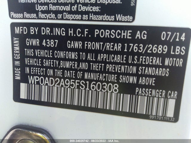 2015 Porsche 911, VIN: WP0AD2A95FS160308