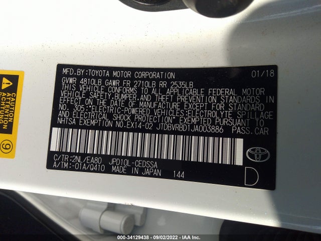 2018 Toyota Mirai, VIN: JTDBVRBD1JA003886