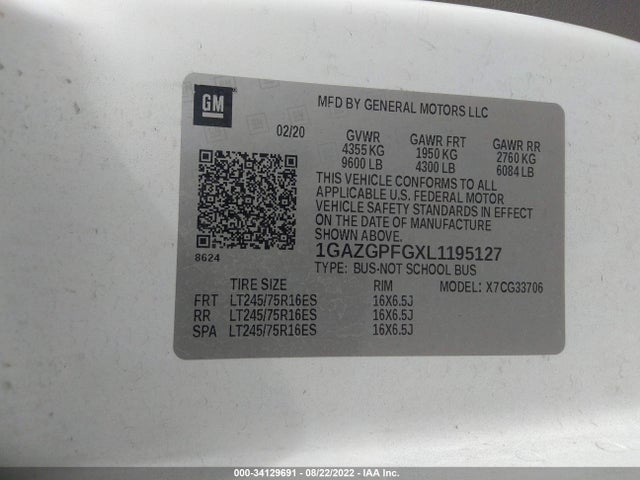 2020 Chevrolet Express, VIN: 1GAZGPFGXL1195127