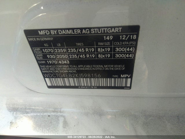 2019 Mercedes-Benz GLA-Class, VIN: WDCTG4EB2KJ598156
