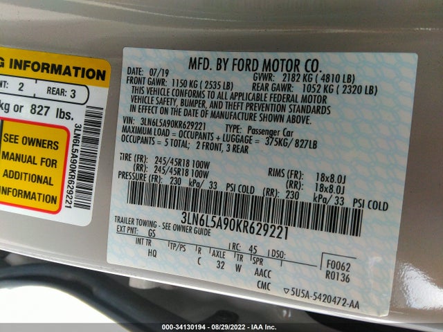 2019 Lincoln MKZ, VIN: 3LN6L5A90KR629221