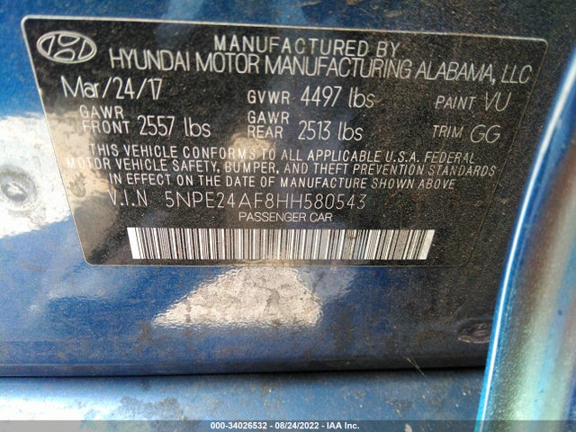 Hyundai Sonata 2.4l 2017 5NPE24AF8HH580543 Image 9