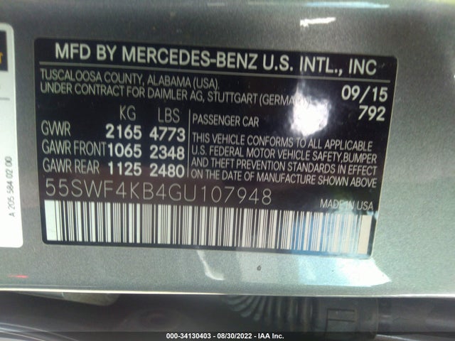 2016 Mercedes-Benz C-Class, VIN: 55SWF4KB4GU107948