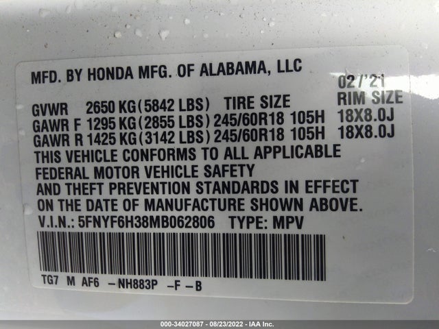 2021 Honda Pilot, VIN: 5FNYF6H38MB062806