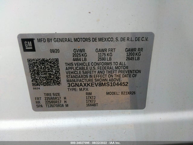 Chevrolet EQUINOX LT 2021 3GNAXKEV8MS104452 Image 9