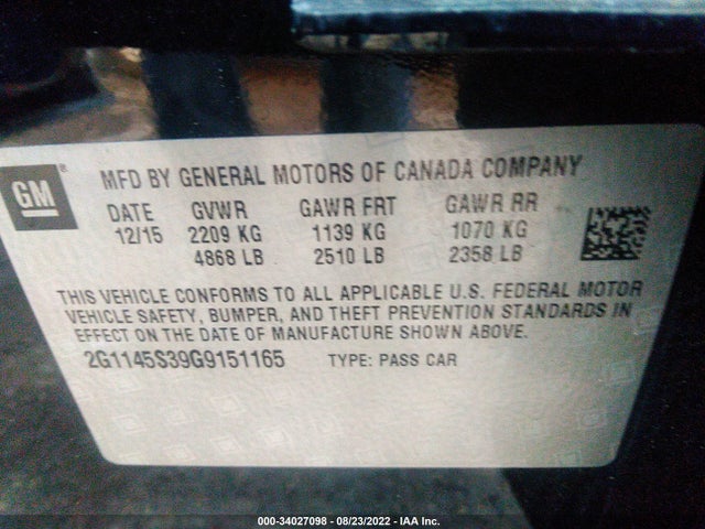 Chevrolet IMPALA LTZ 2016 2G1145S39G9151165 Image 9