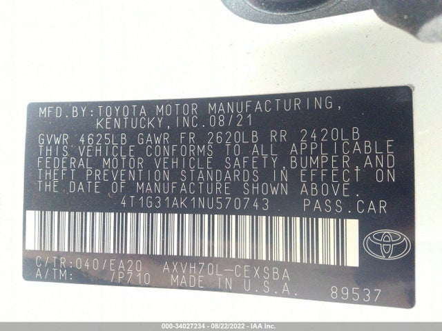 2022 Toyota Camry, VIN: 4T1G31AK1NU570743