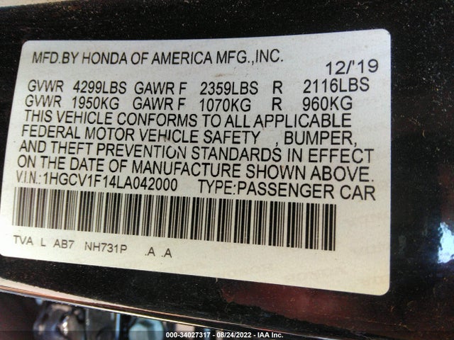 Honda Accord Sedan Lx 2020 1HGCV1F14LA042000 Image 9