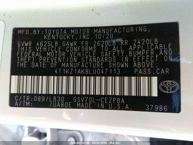 2020 Toyota Camry, VIN: 4T1KZ1AK8LU047113