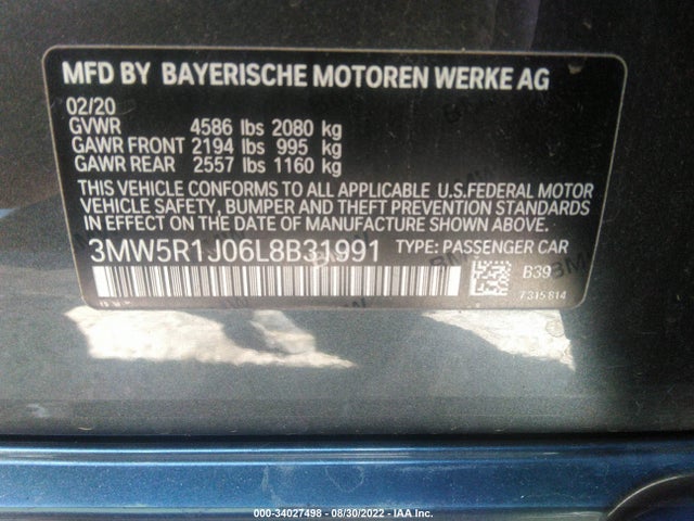 BMW 3 Series 330i 2020 аукцион фото