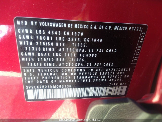 2022 Volkswagen Taos, VIN: 3VVLX7B24NM063138