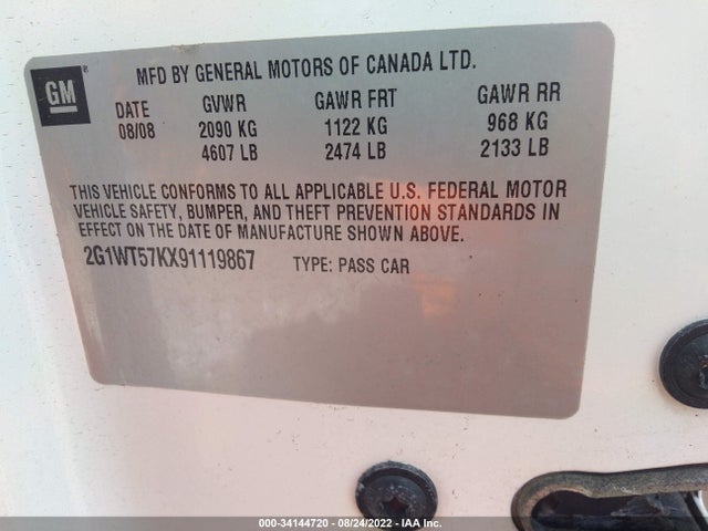 2009 CHEVROLET IMPALA 3.5L LT VIN: 2G1WT57KX91119867