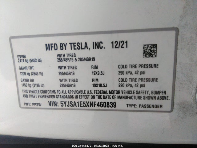 2022 Tesla Model S, VIN: 5YJSA1E5XNF460839