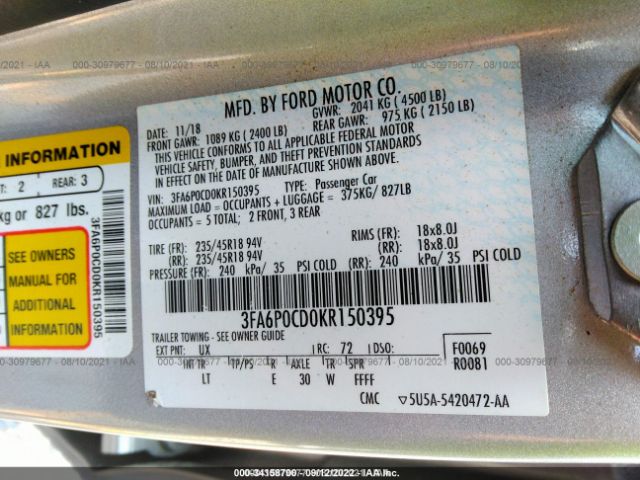 3FA6P0CD0KR150395 Ford FUSION SEL